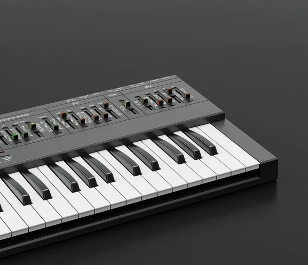 Music instriument, Synthesizer, electronic keyboard on the floor in a dark studio, nobody, 3d rendering