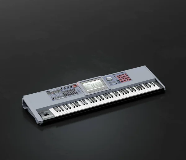 Music instriument, Synthesizer, electronic keyboard on the floor in a dark studio, nobody, 3d rendering