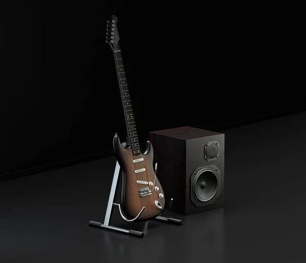 Music instriument, professional speaker with electro guitar on the floor in a dark studio, nobody, 3d rendering