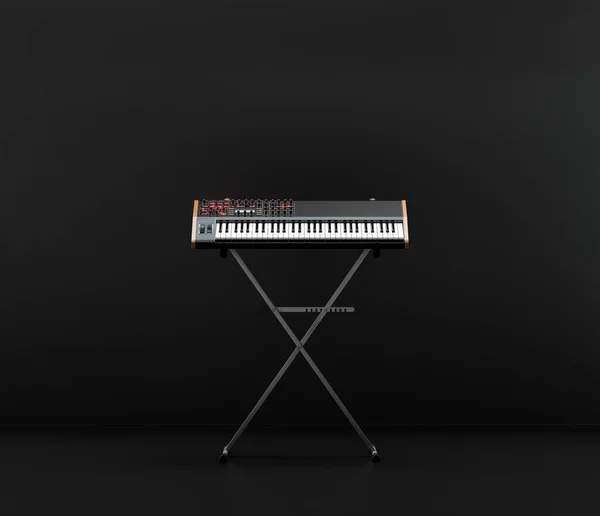 在黑暗的工作室 没有人 3D渲染中的音乐创作 工作室键盘架和键盘 — 图库照片