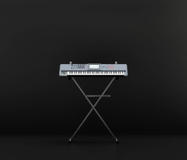 Music instriument, studio keyboard stand and keyboard on it in a dark studio, nobody, 3d rendering