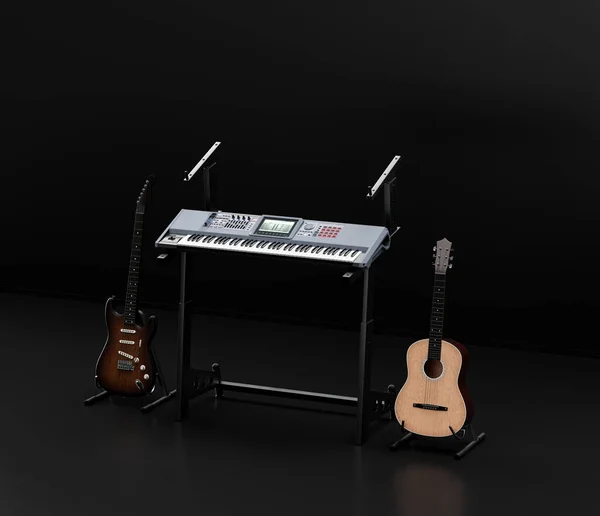 在一个黑暗的工作室里 没有人 3D渲染音乐 工作室键盘架 键盘上有吉他 — 图库照片