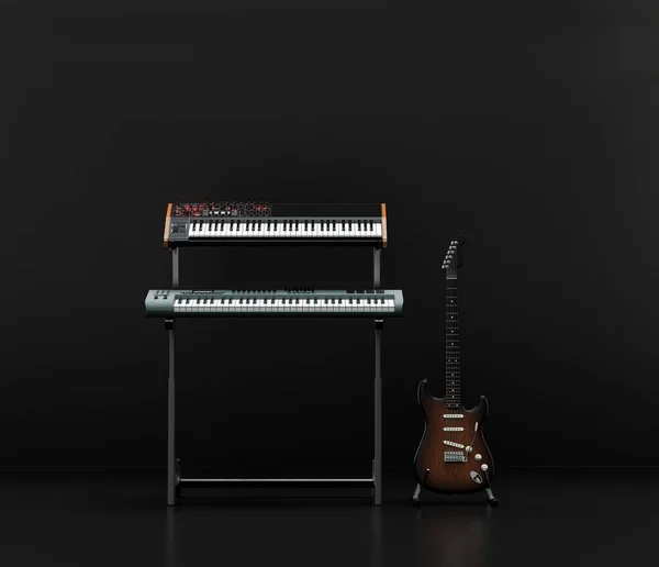 Muziekinstrumentatie Studio Toetsenbord Keyboard Met Gitaar Erop Een Donkere Studio — Stockfoto