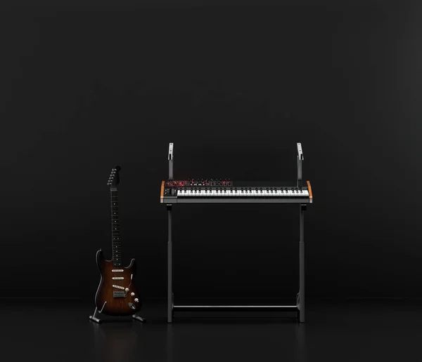 Muziekinstrumentatie Studio Toetsenbord Keyboard Met Gitaar Erop Een Donkere Studio — Stockfoto