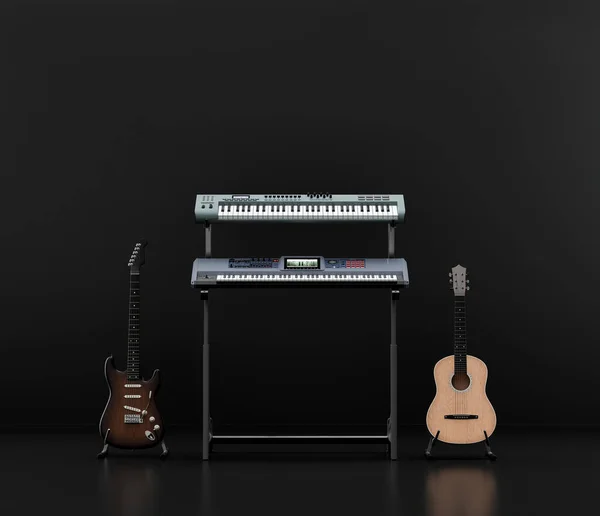 Muziekinstrumentatie Studio Toetsenbord Keyboard Met Gitaar Erop Een Donkere Studio — Stockfoto