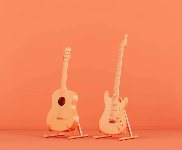 Einfarbige Orangefarbene Elektrogitarre Und Akustikgitarre Rosa Studio Niemand Rendering — Stockfoto