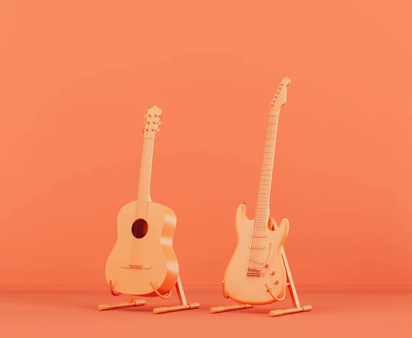 Monokrom Orange Färg Elektro Gitarr Och Akustisk Gitarr Rosa Studio — Stockfoto