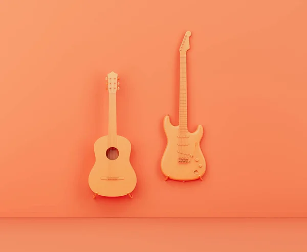 Monokrom Orange Färg Elektro Gitarr Och Akustisk Gitarr Rosa Studio — Stockfoto