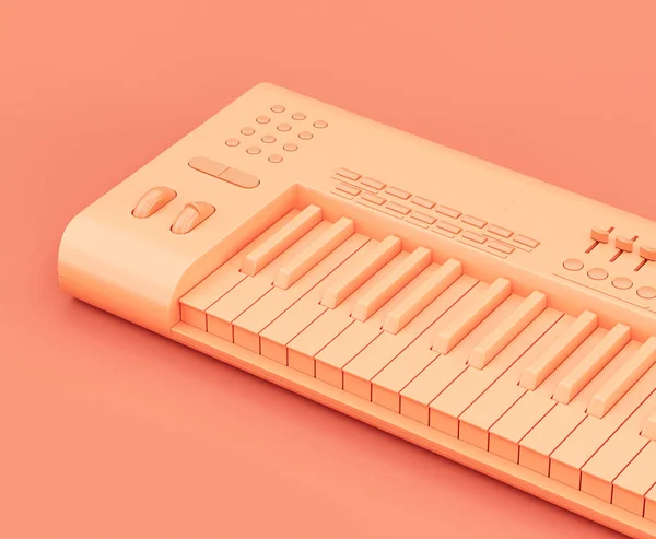 Monochrom Orangefarbener Synthesizer Elektronische Tastatur Auf Dem Boden Einem Rosa — Stockfoto