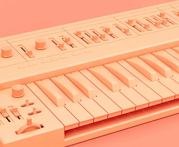 Monochrome orange color Synthesizer, electronic keyboard on the floor in a pink studio, nobody, 3d rendering