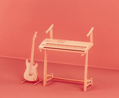 Tek renkli turuncu stüdyo klavye standı ve pembe bir stüdyoda üzerinde gitar olan klavye, hiç kimse, 3D görüntüleme