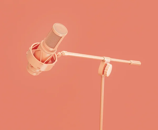 Monochromatyczny Pomarańczowy Kolor Profesjonalny Mikrofon Cokół Różowym Studio Nikt Renderowanie — Zdjęcie stockowe