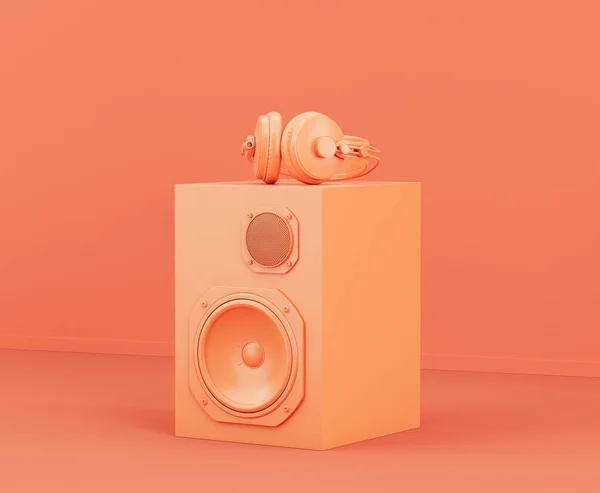 Monokróm Narancs Színű Professzionális Hangszóró Fejhallgató Padlón Egy Rózsaszín Stúdió — Stock Fotó