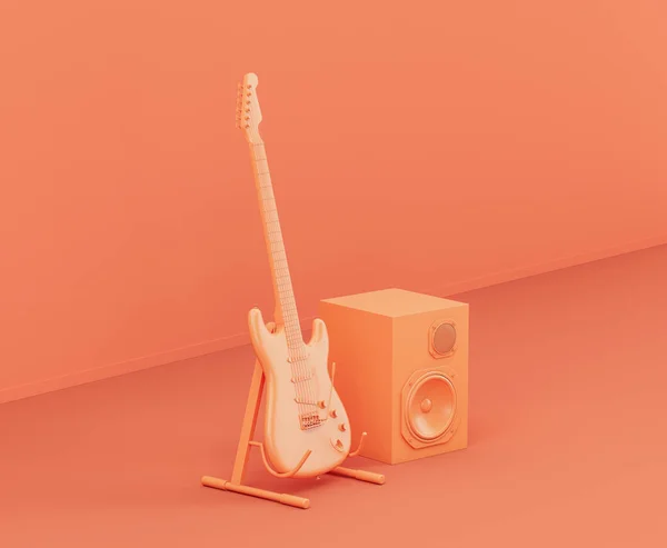 Cor Laranja Monocromática Alto Falante Profissional Com Guitarra Electro Chão — Fotografia de Stock