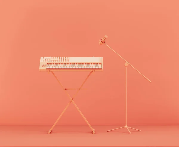 ピンクのスタジオでそれにマイクとモノクロームオレンジのスタジオキーボードスタンドとキーボード 3Dレンダリング — ストック写真