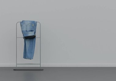 Askıda bir kot pantolon, kumaş ve aksesuarlar, gri bir iç odada fotokopi alanı, 3D çizim, hiç kimse
