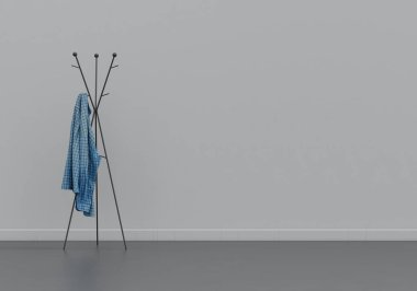 Askıda erkek gömleği, kumaş ve aksesuarlar, gri bir iç odada fotokopi alanı, 3D çizim, hiç kimse