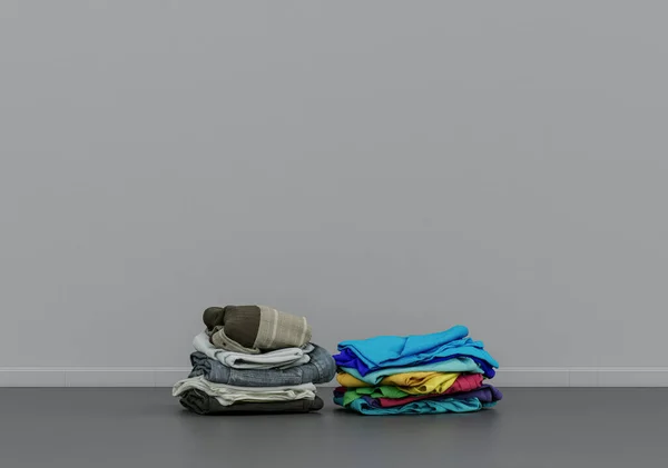 Çamaşırları Yere Katlamış Kumaş Aksesuarları Gri Bir Odada Fotokopi Alanı — Stok fotoğraf