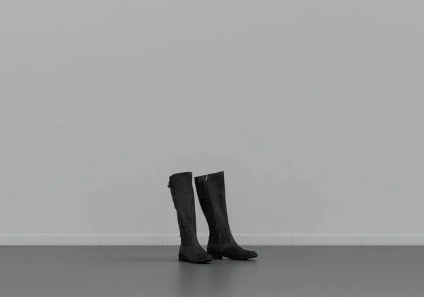 A pair of black pointed toe women boot,cloth and accessories in a grey interior room with copy space, 3d Rendering, nobody