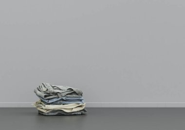 Çamaşırları yere katlamış, kumaş ve aksesuarları gri bir iç odada fotokopi alanı olan, 3D çizim, kimse yok.