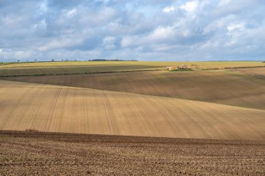 Güneşli bir günde bulutlu bir havada, tarlalı tarlaların üzerinde deralict bir çiftlik manzarası.