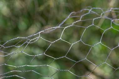 Altıgen kümes tellerinin yeşil bulanık arkaplanlı eskrim tellerini kapat.