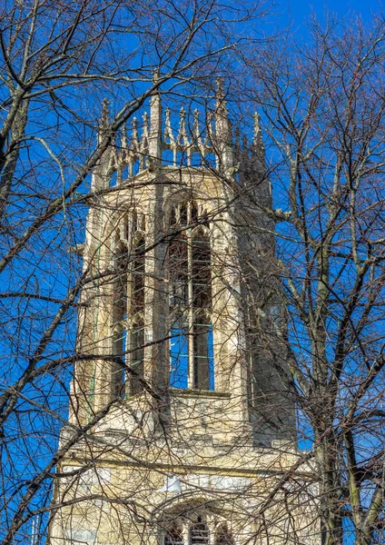真っ青な空の木の枝を通して見るニューヨークのすべての聖人教会の塔の景色 — ストック写真