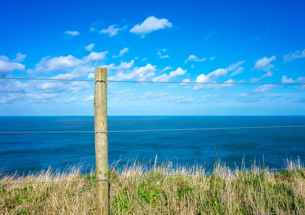 Gjerdestolpe Tre Tråder Med Blått Hav Himmel Bakgrunnen – stockfoto