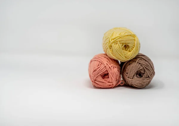 Three Balls Colourful Woolen Yarn Plain White Background Copy Space — Stock Photo, Image