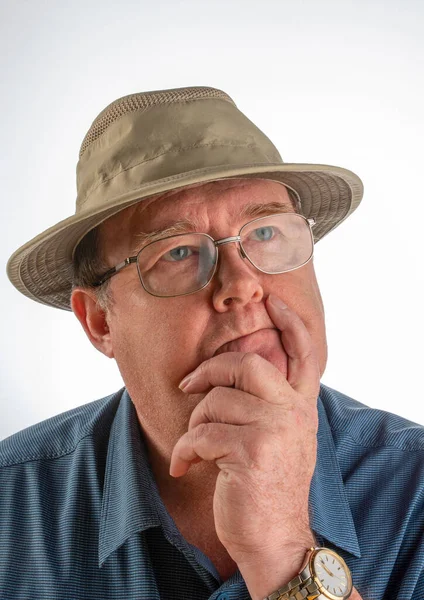 Portrait Middle Aged Man Facial Expression Blue Shirt Glasses Hat — Stock Photo, Image