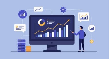 İşadamı, büyük bilgisayar monitörü ekranındaki finansal veri tablosunu analiz ediyor