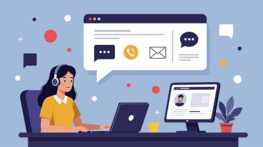 Bilgisayarda ve dizüstü bilgisayarda çalışan kulaklık takan kadın destek ajanı