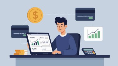 Finansal simgeleri olan dizüstü bilgisayarla gelir ve giderleri takip eden genç adam