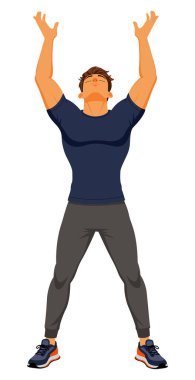 Kollarını kaldıran ve izole edilmiş beyaz arka plan soluyan atletik erkek karakteri.