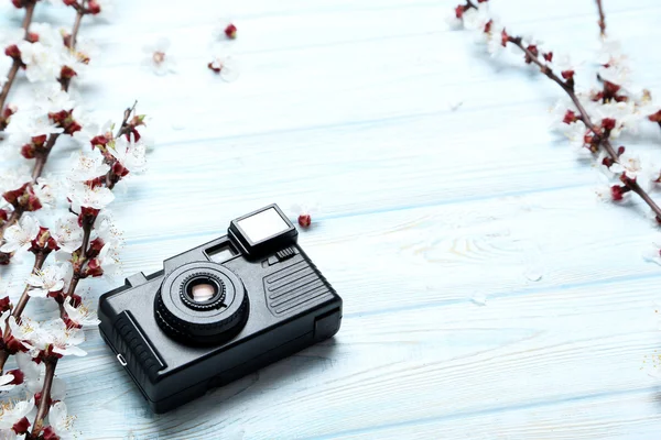 Tree branches with flowers and camera — Stock Photo, Image