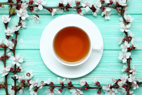 花と紅茶のカップと木の枝 — ストック写真
