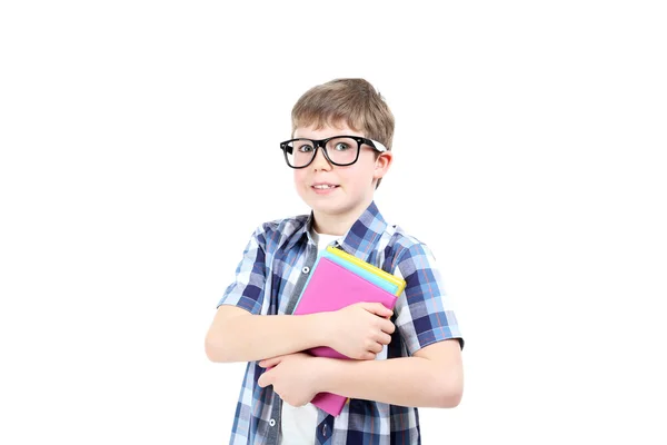 Menino com livros e em óculos — Fotografia de Stock