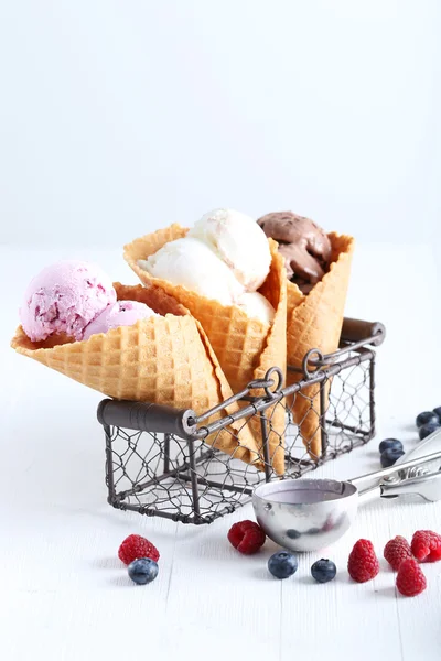 Waffle cones with ice cream