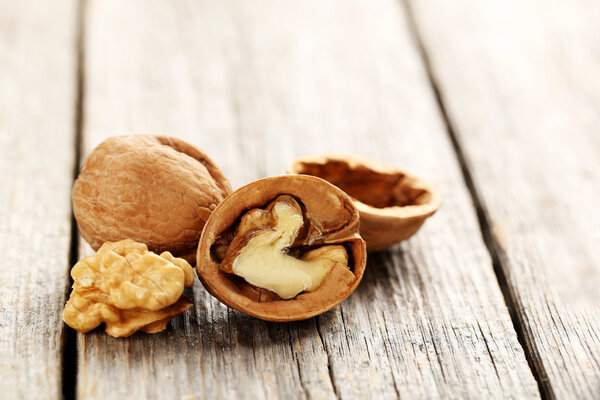 Walnuts on wooden table