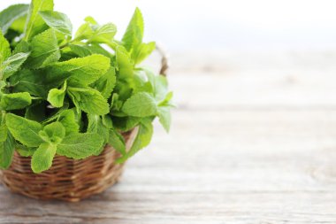 Tahta masadaki taze nane yaprakları