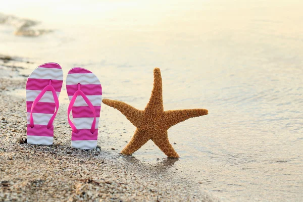 Par de chinelos com estrela do mar — Fotografia de Stock