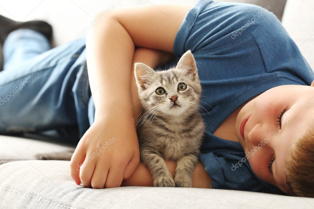 Yavru kedi ile küçük çocuk Stok fotoğrafçılık ©5seconds Telifsiz