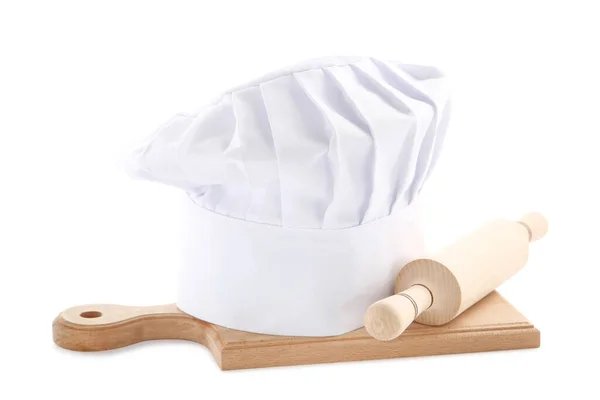 Cappello Chef Con Mattarello Legno Tagliere Isolato Sfondo Bianco — Foto Stock