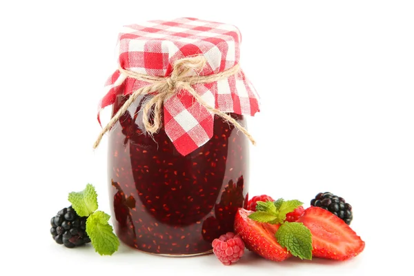 Sweet Raspberry Jam Glass Jar Berries Isolated White Background — Stock Photo, Image