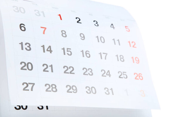 Paper calendar page on white background
