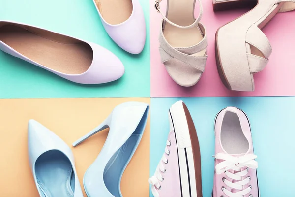 Zapatos Femeninos Diferentes Sobre Fondo Colorido —  Fotos de Stock