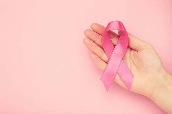 Breast Cancer Concept Female Hand Holding Pink Ribbon — Stock Photo, Image