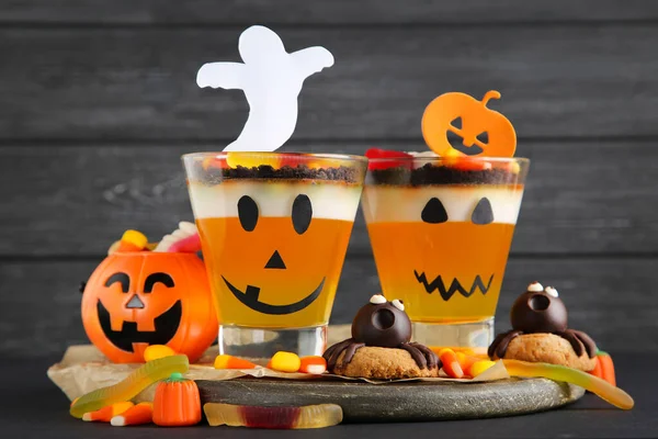 Halloween Jelly Glasses Candies Cookies Paper Ghost Wooden Table — Stock Photo, Image