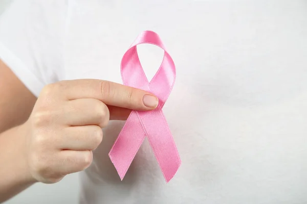 Breast Cancer Concept Female Hand Pink Ribbon — Stock Photo, Image