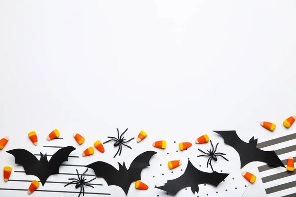 Halloween Paper Bats Candies Spiders White Background — Stock Photo, Image